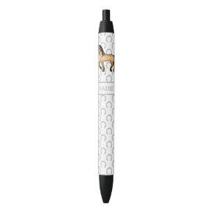 Buckskin Cute Cartoon Trotting Horse & Name Black Ink Pen