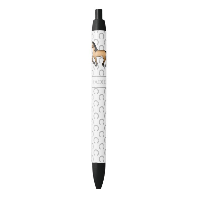 Buckskin Cute Cartoon Trotting Horse & Name Black Ink Pen (Front Vertical)