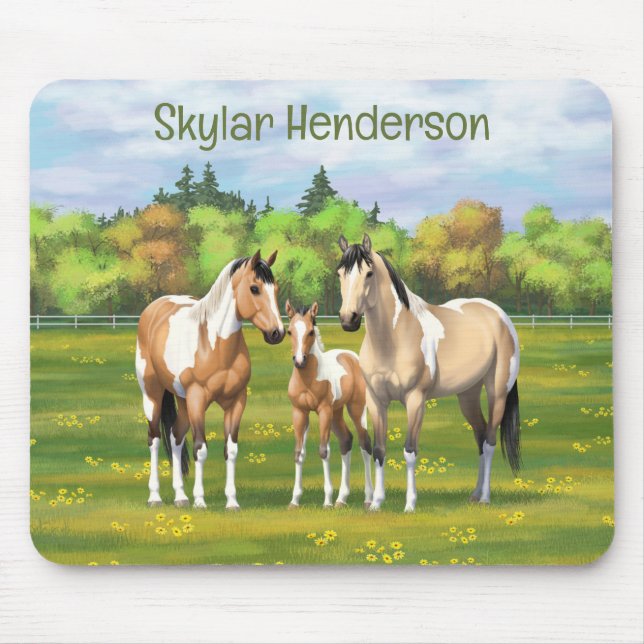 Buckskin Dun Pinto Paint Horses In Summer Pasture Mouse Pad (Front)