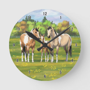 Buckskin Dun Pinto Paint Horses In Summer Pasture Round Clock