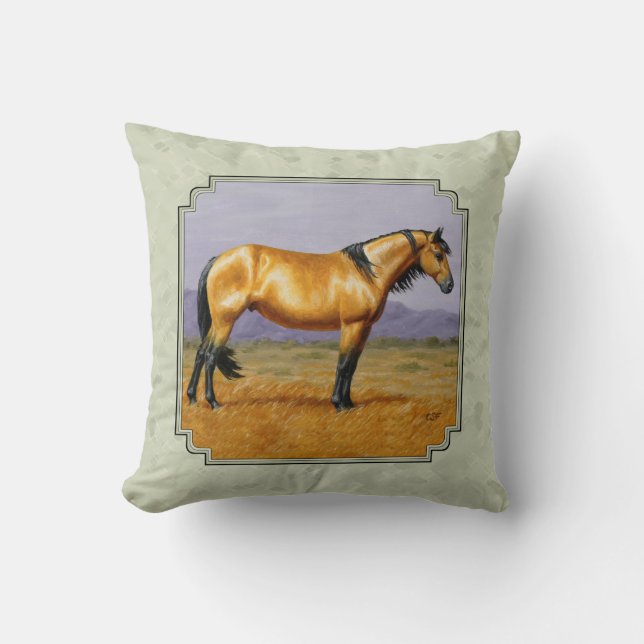 Buckskin Horse Mustang Stallion Sage Green Throw Pillow (Front)