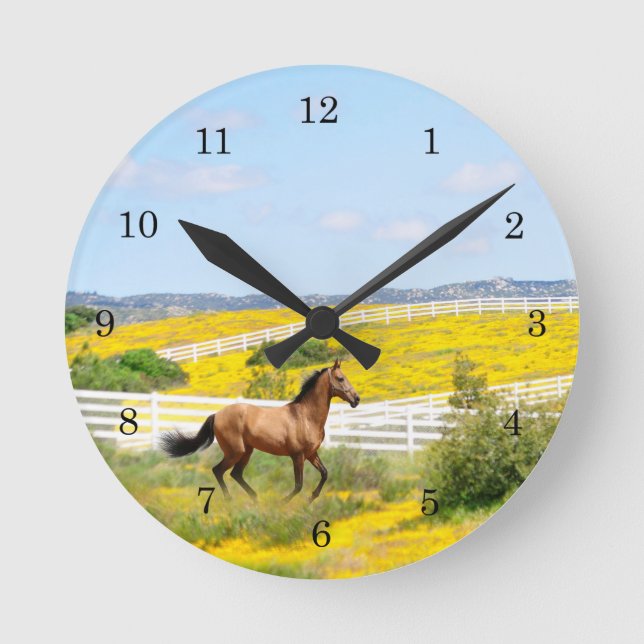 Buckskin Horse Running in Field of Flowers Round Clock (Front)
