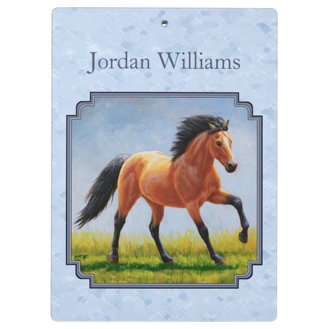 Buckskin Horse Running Light Blue Clipboard (Back)