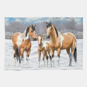 Buckskin Paint Horses In Snow Kitchen Towel