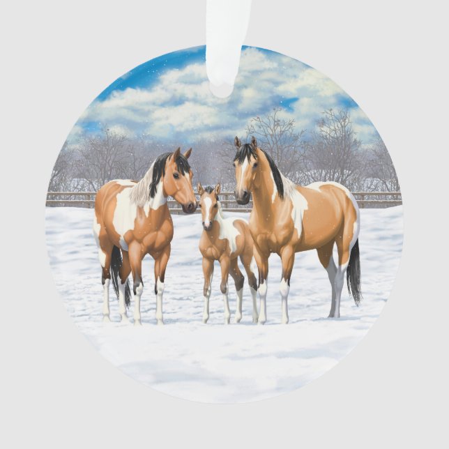 Buckskin Paint Horses In Snow Ornament (Front)