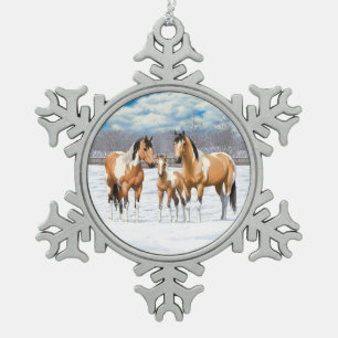 Buckskin Paint Horses In Snow Snowflake Pewter Christmas Ornament