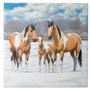 Buckskin Paint Horses In Snow Tile
