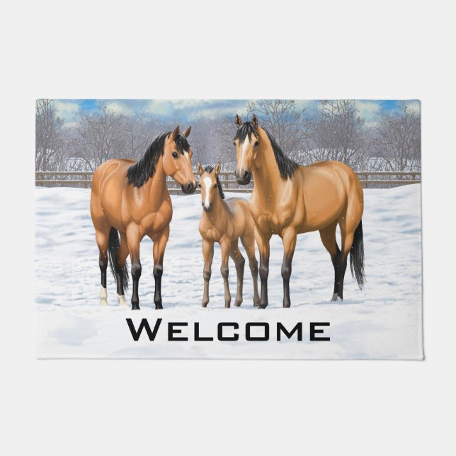 Buckskin Quarter Horses In Snow Doormat (Front)