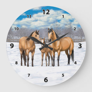 Buckskin Quarter Horses In Snow Large Clock