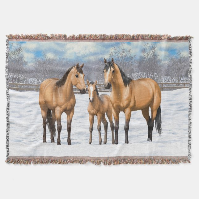 Buckskin Quarter Horses In Snow Throw Blanket (Front)