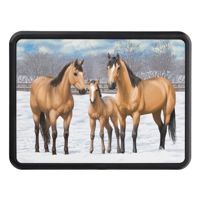 Buckskin Quarter Horses In Snow Trailer Hitch Cover (Front)