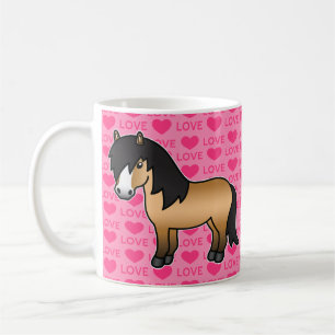 Buckskin Shetland Pony Cartoon On Pink With Hearts Coffee Mug