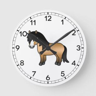 Buckskin Shetland Pony Cute Cartoon Illustration Round Clock