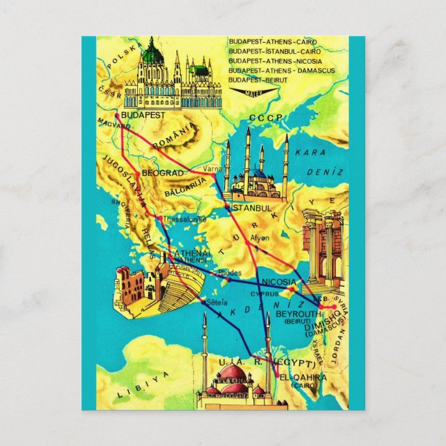 Budapest Athens Cairo Vintage Map  Postcard (Front)
