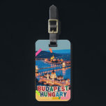 Budapest Hungary Night Cityscape Pop Art Collage Luggage Tag<br><div class="desc">Budapest Hungary night cityscape showcasing the historic Parliament building and Chain Bridge glowing along the Danube River. This illuminated skyline is reimagined as a pop art collage, blending classic vintage retro travel vibes with mixed media textures to celebrate Eastern Europe travel. Often called the 'Pearl of the Danube, ' this...</div>