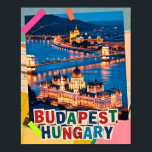 Budapest Hungary Night Cityscape Pop Art Collage Poster<br><div class="desc">Budapest Hungary night cityscape showcasing the historic Parliament building and Chain Bridge glowing along the Danube River. This illuminated skyline is reimagined as a pop art collage, blending classic vintage retro travel vibes with mixed media textures to celebrate Eastern Europe travel. Often called the 'Pearl of the Danube, ' this...</div>