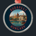 Budapest Hungary Retro Distressed Circle Metal Ornament<br><div class="desc">Budapest retro vector travel design in an emblem style. Budapest,  Hungary’s capital,  is bisected by the River Danube. Its 19th-century Chain Bridge connects the hilly Buda district with flat Pest.</div>