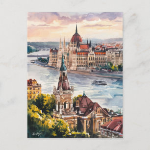 Budapest Hungary Vintage Watercolor Painting Postcard