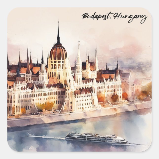 Budapest Hungary Watercolor Painting Panorama View Square Sticker (Front)