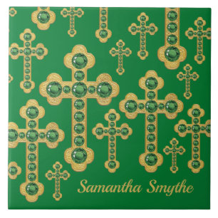 Budded Crosses with 12 Faux Emeralds - Tile