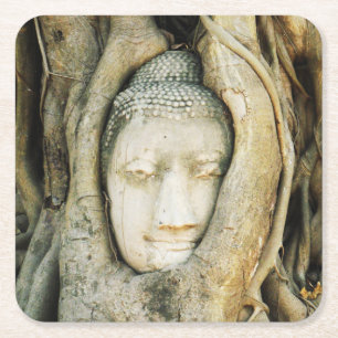 Buddha Head in the Fig Tree .. Ayutthaya, Thailand Square Paper Coaster