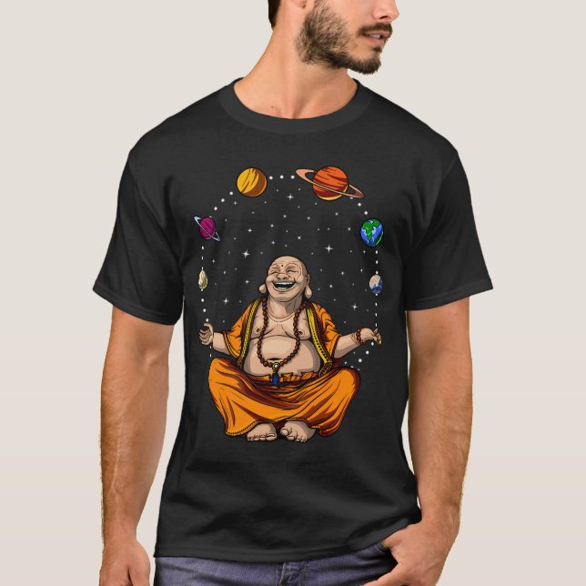 Buddha Juggling Space Planets T-Shirt (Front)
