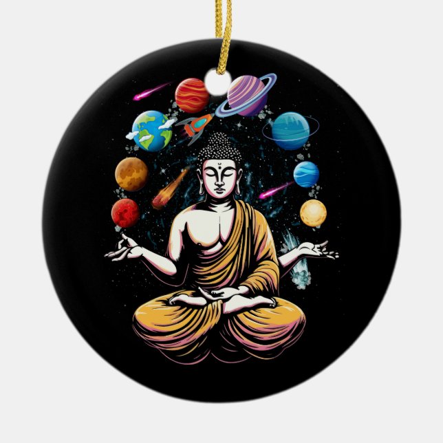Buddha Juggling Space Planets Zen Yoga Meditation  Ceramic Ornament (Front)