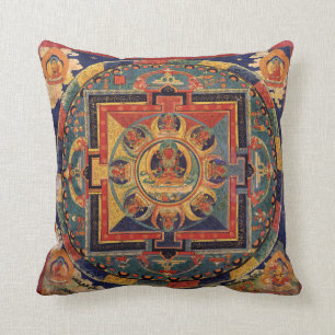 Buddha Mandala Antique Tibetan Thanka Throw Pillow