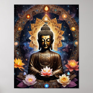 Buddha meditating with loto flowers poster