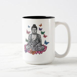 Buddha on lotus flower with butterflies mug