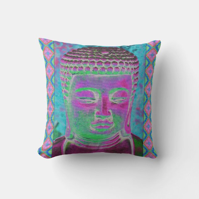 Buddha Pop in Magenta and Turquoise Throw Pillow (Front)