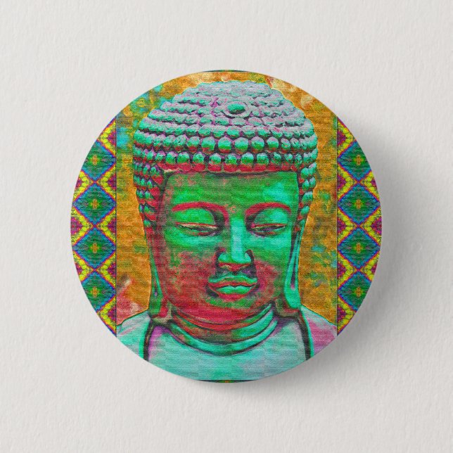 Buddha Pop in Teal Green and Red 2 Inch Round Button (Front)