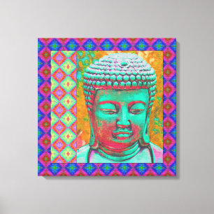 Buddha Pop with Patchwork Borders in Blue and Pink Canvas Print