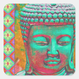 Buddha Pop with Patchwork Borders in Blue and Pink Square Sticker
