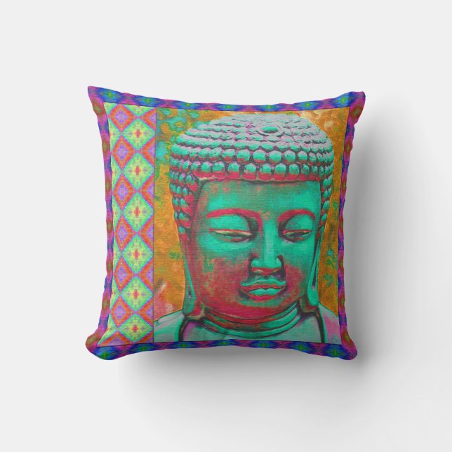 Buddha Pop with Patchwork Borders in Blue and Pink Throw Pillow (Front)