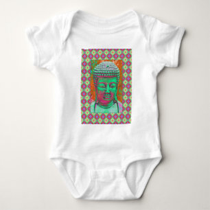 Buddha Pop with Patchwork Borders in Green and Red Baby Bodysuit