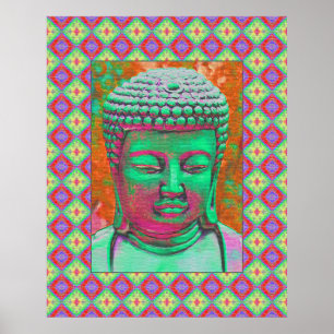 Buddha Pop with Patchwork Borders in Green and Red Poster