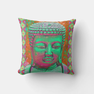 Buddha Pop with Patchwork Borders in Green and Red Throw Pillow