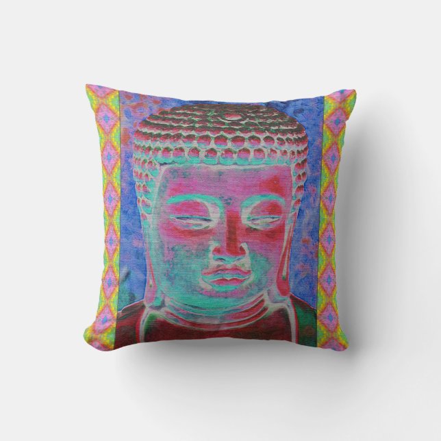 Buddha Pop with Yellow and Pink Borders Throw Pillow (Front)