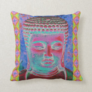 Buddha Pop with Yellow and Pink Borders Throw Pillow