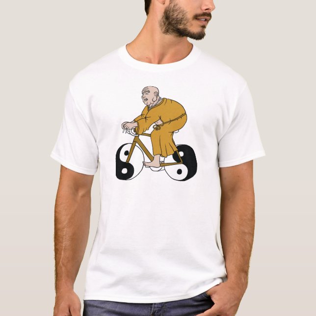 Buddha Riding A Bike With Yin Yang Wheels T-Shirt (Front)