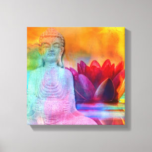 Buddha Statue & Lotus in Water Canvas Print