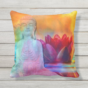 Buddha Statue & Lotus in Water Outdoor Pillow