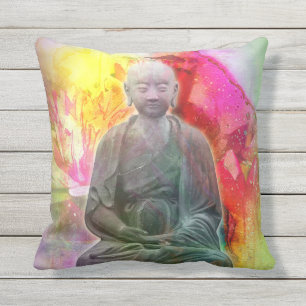 Buddha Statue on Watercolor Lotus Backdrop Outdoor Pillow