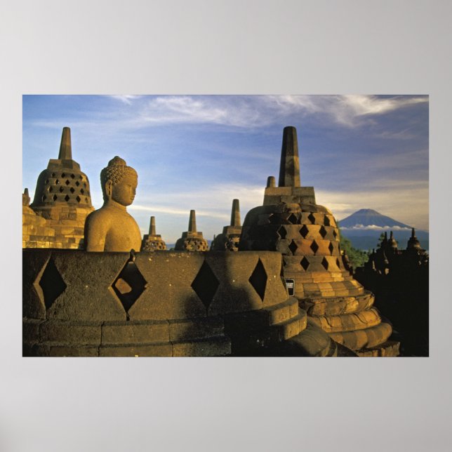 Buddha Statue, Stupas, and Volcano, Borobudur Poster (Front)