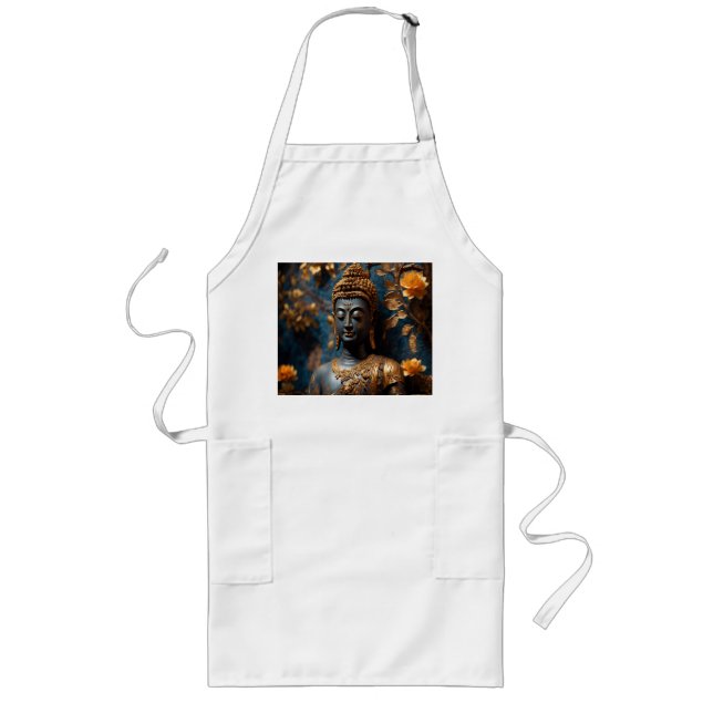 Buddha White  Long Apron with Pockets (Front)
