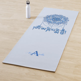 Buddhism Mani Mantra In Blue With Mandala Yoga Mat