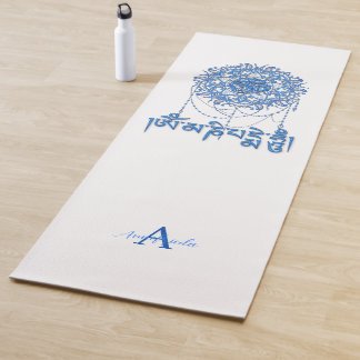 Buddhism Mani Mantra In Blue With Mandala Yoga Mat