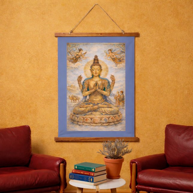 Buddhist Bodhisattva Tang Dynasty Style Hanging Tapestry (Buddhist bodhisattva art tapestry shown in situ in modern study reading area)