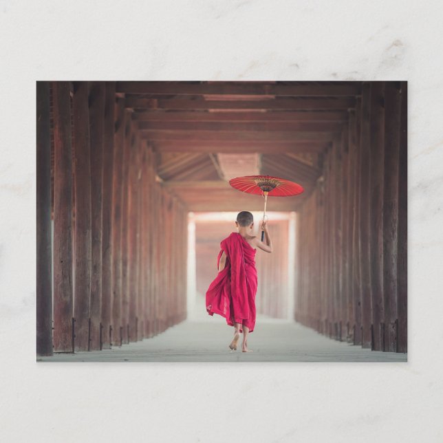 Buddhist Monk with Red Umbrella Postcard (Front)